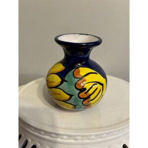Talavera Bud Vase Mexican Pottery Blue Vase with Sunflowers 4" tall